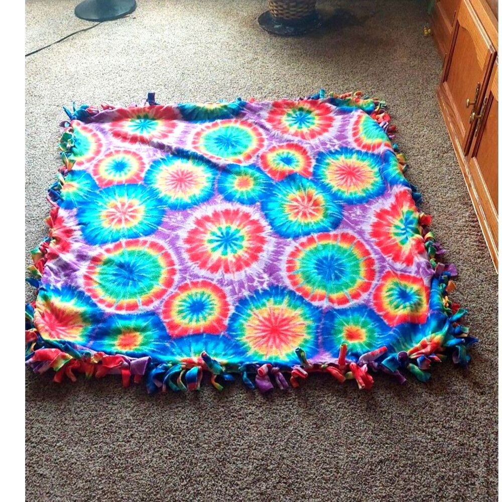 Handmade Rainbow Tie Dye Fleece Blanket Throw 48x48 No Sew Knotted Fringe Boho